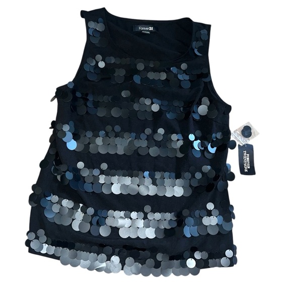 Forever 21 Womens Tank Top Black Striped Sleeveless Scoop Neck Sequin Chiffon S - Picture 1 of 2